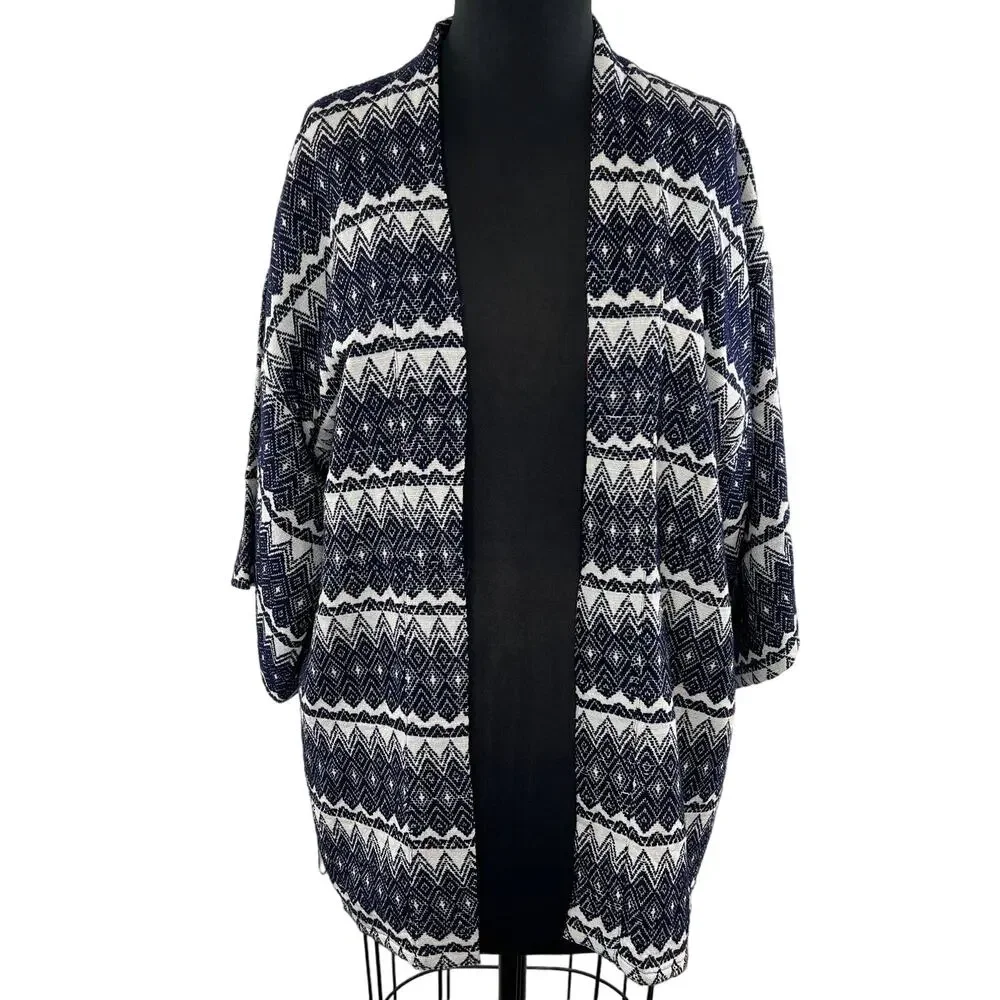 Guadalupe Design Blue White Stripe Cotton Short Sleeve Open Cardigan Kimono Top